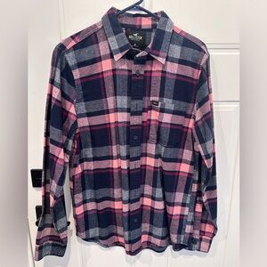 Hollister Men's Casual Pink and Navy Flannel Shirt